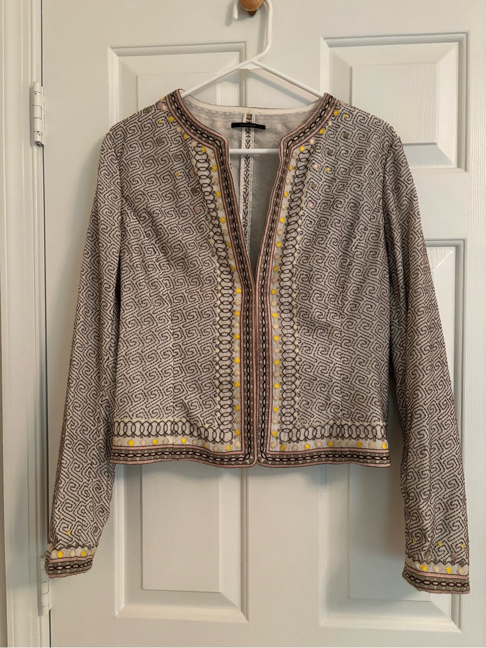 Elie Tahari Cream & Brown Embroidered Open-Front Jacket